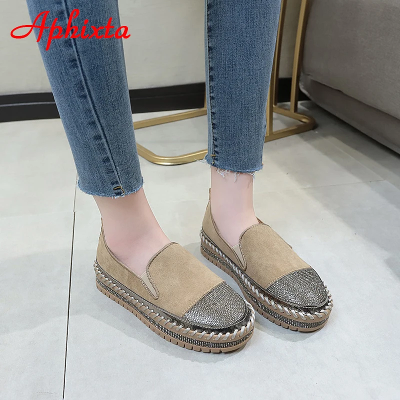 Aphixta Fashion Crystals Luxury Design Flats Shoes Women Hand Sewing Slip-on Flat Platform Footwear Female Loafers