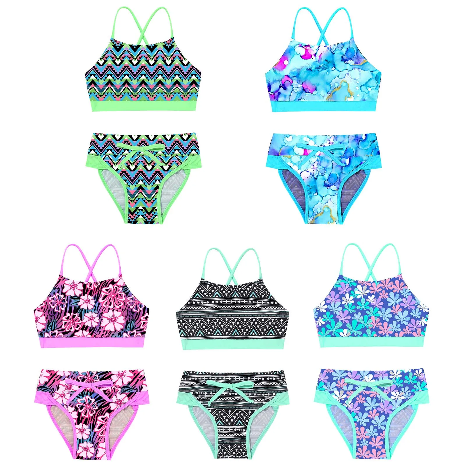 TiaoBug 3 To 14 Years Kids Girls 2Pcs Summer Swimsuit Swimwear Geometric Pattern Floral Print Bathing Suit Bikini Set