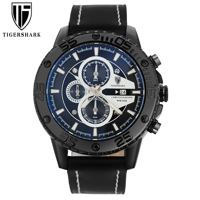 

TIGERSHARK Men Watches Black Sport Casual Chronograph Date Stainless Steel Wristwatches Luminous Large Dial 30M Waterproof Clock