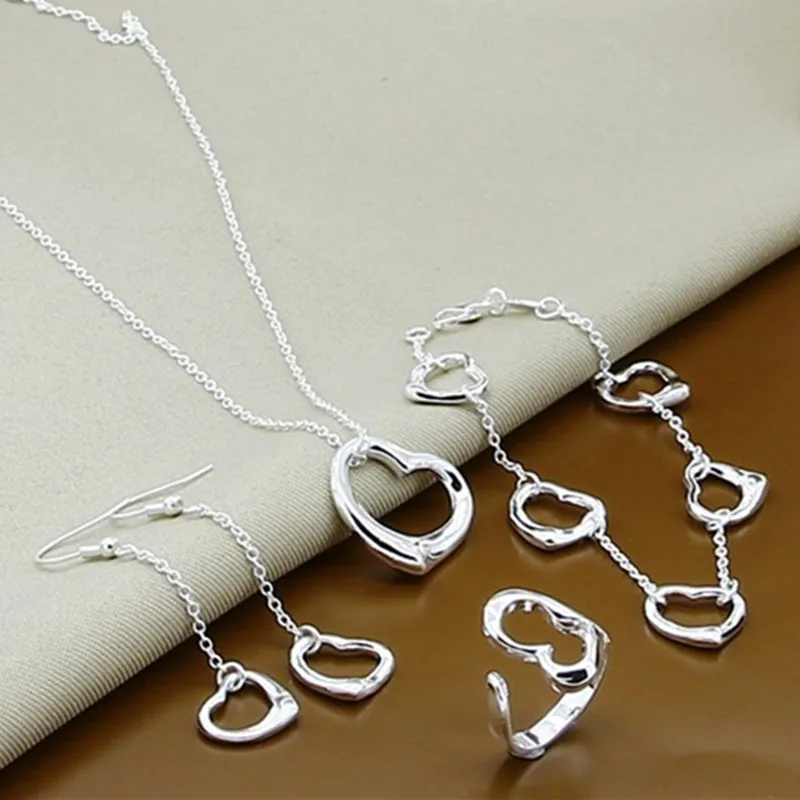 Silver 925 Set Wedding Jewelry Set Charm Heart Pendants Necklace Long Earring Bracelet For Women Wedding Party Gift