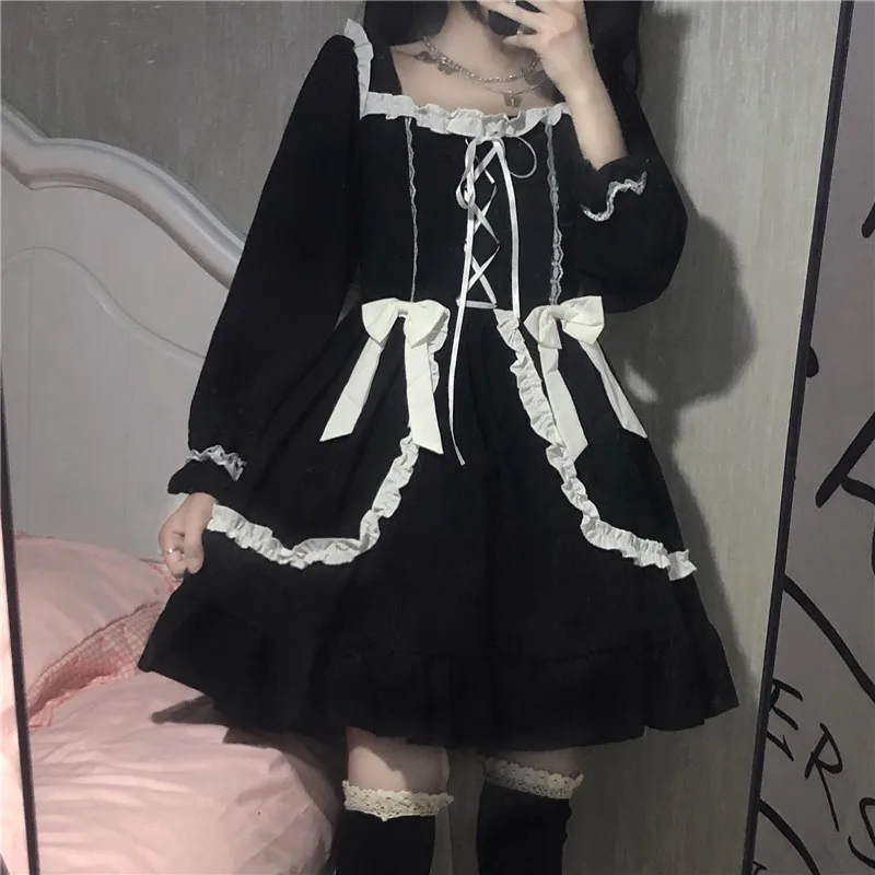 Gothic Lolita schwarzes Kleid Vintage japanische weiche Mädchen niedlichen Bogen Schnür Rüschen lang ärmel ige Prinzessin Frauen Punk Kleider