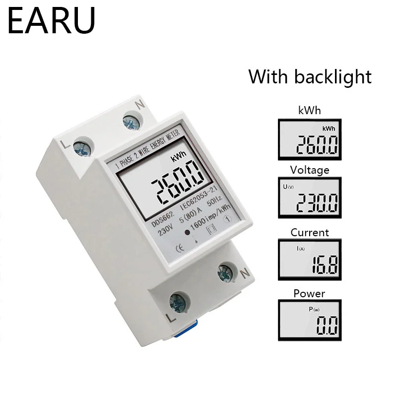 Din-rail Power Energy Meter 5-80A LCD Backlight Digital Display Single Phase Electronic Energy KWh Meter Voltmeter Ammeter Volt