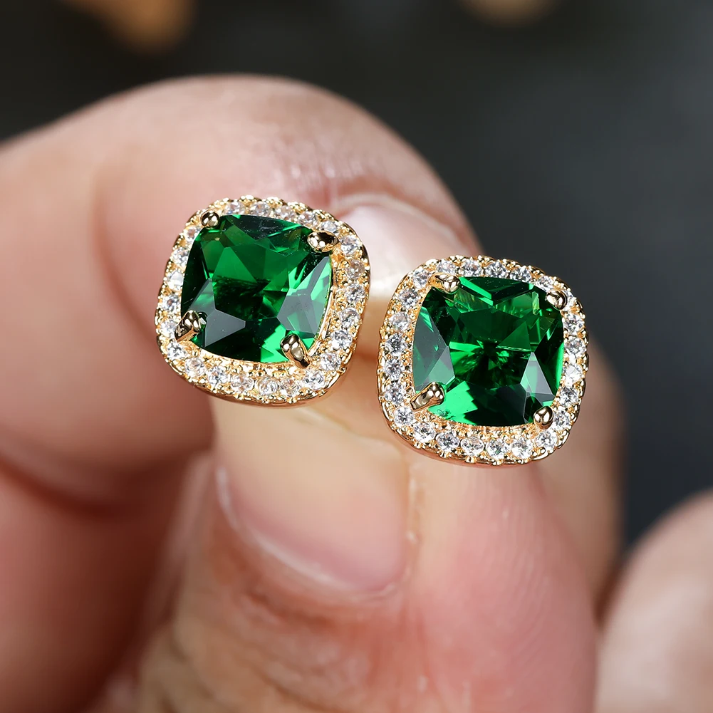 Luxury Emerald Green Square Zircon Earrings for Women Princess Cut Gemstone Stud Earrings 18K Gold Plated Wedding Party Jewelry