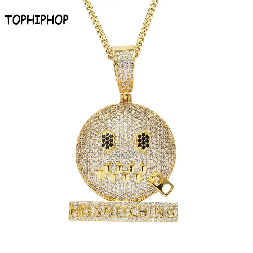 

TOPHIPHOP Iced Out Bling No Snitching Expression Round Pendant Rope Necklace Chain Hip Hop Charm Jewelry Micro Inlay Men Women