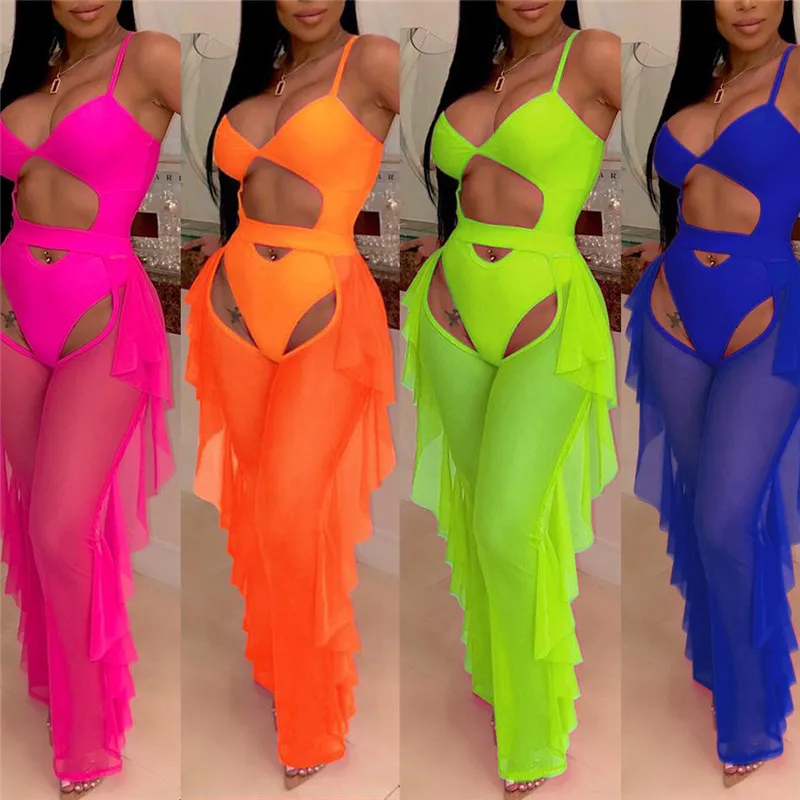 

Sexy Women High Waist See Through Flared Leg Mesh Pants Bikini Cover Ups Ruffles Hollow Out Beach Long Pants Trousers