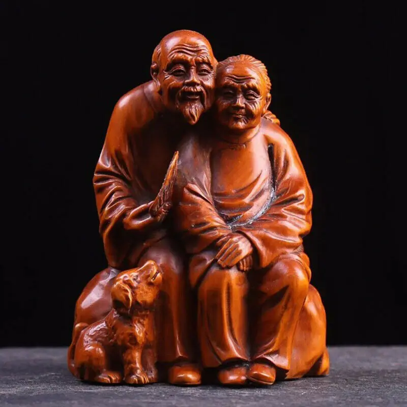 ML008- 12 x 9 X7.5 CM Stunning Hand Carved Boxwood Figurine Carving: Old Couple with Dog