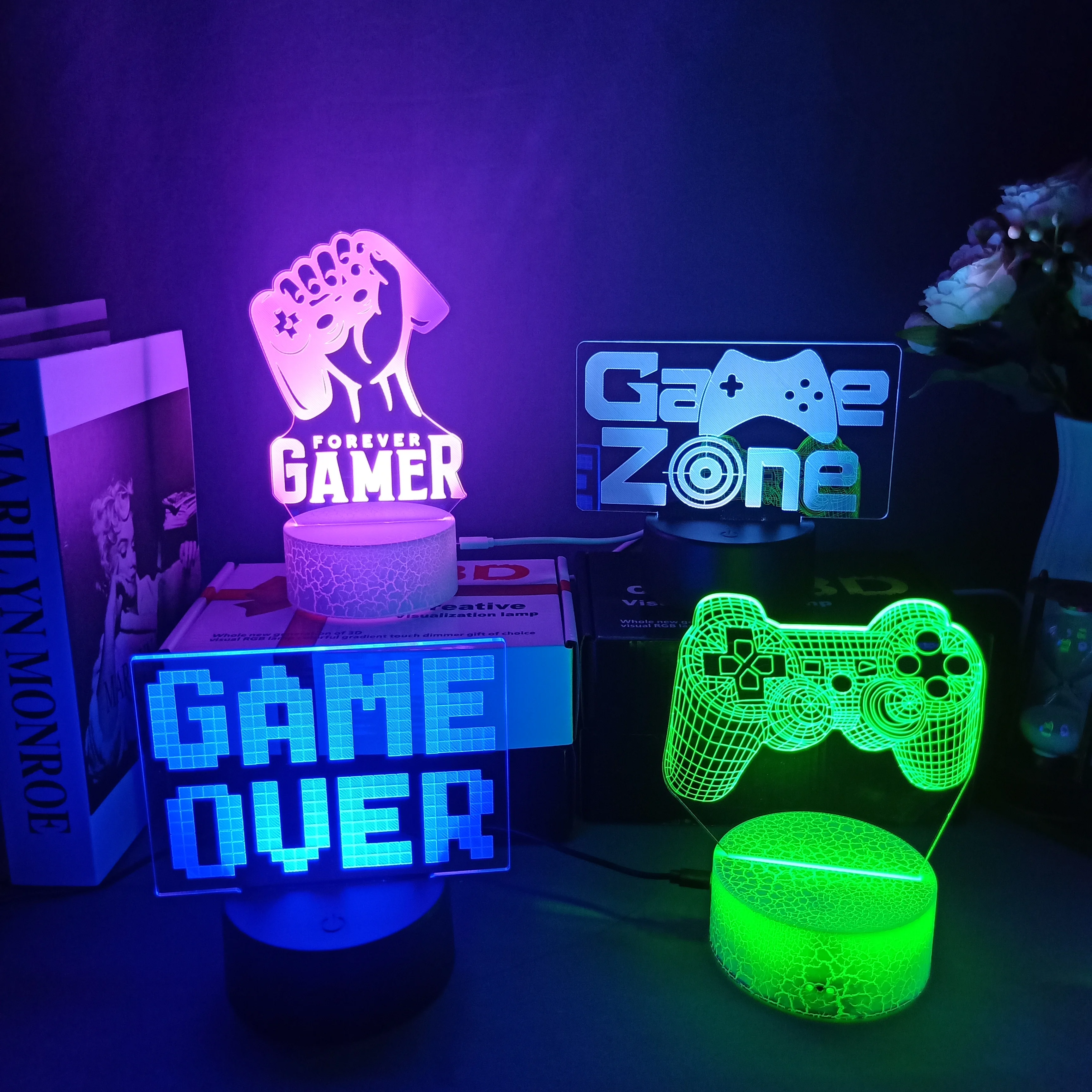 3D Night Lamp Gaming Room Desk Setup Lighting Decor Gamepad Icon LED Light Atmosphere Table Bedside Night Lamps Kids Gift