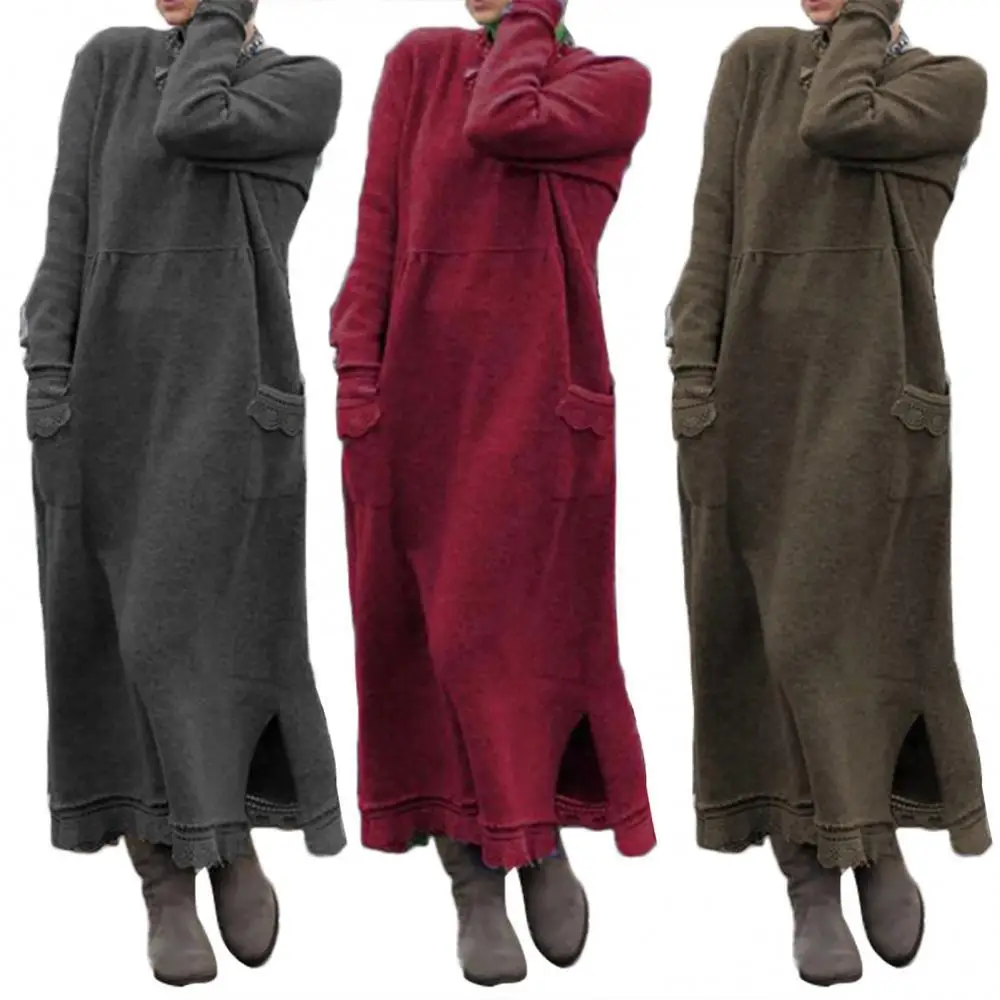

80% Hot Sales!! Vintage Women Autumn Winter Long Sleeve Lacework Hem Plus Size Knit Maxi Dress