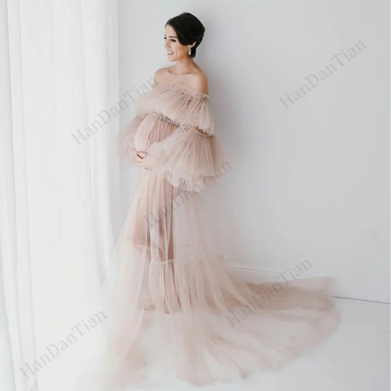 Elegant Bridal Tulle Maternity Dresses Robes for Photography Sheer Robe Puffy Sleeve Fluffy Tulle Maternity Dressing Gowns