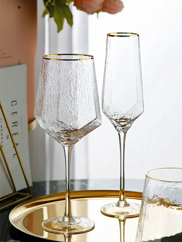 

Gold Trim Diamond Red Wine Glasses Cup Lead-Free Crystal Champagne Water Retro Goblet Drinking Wedding Home Bar Drinkware