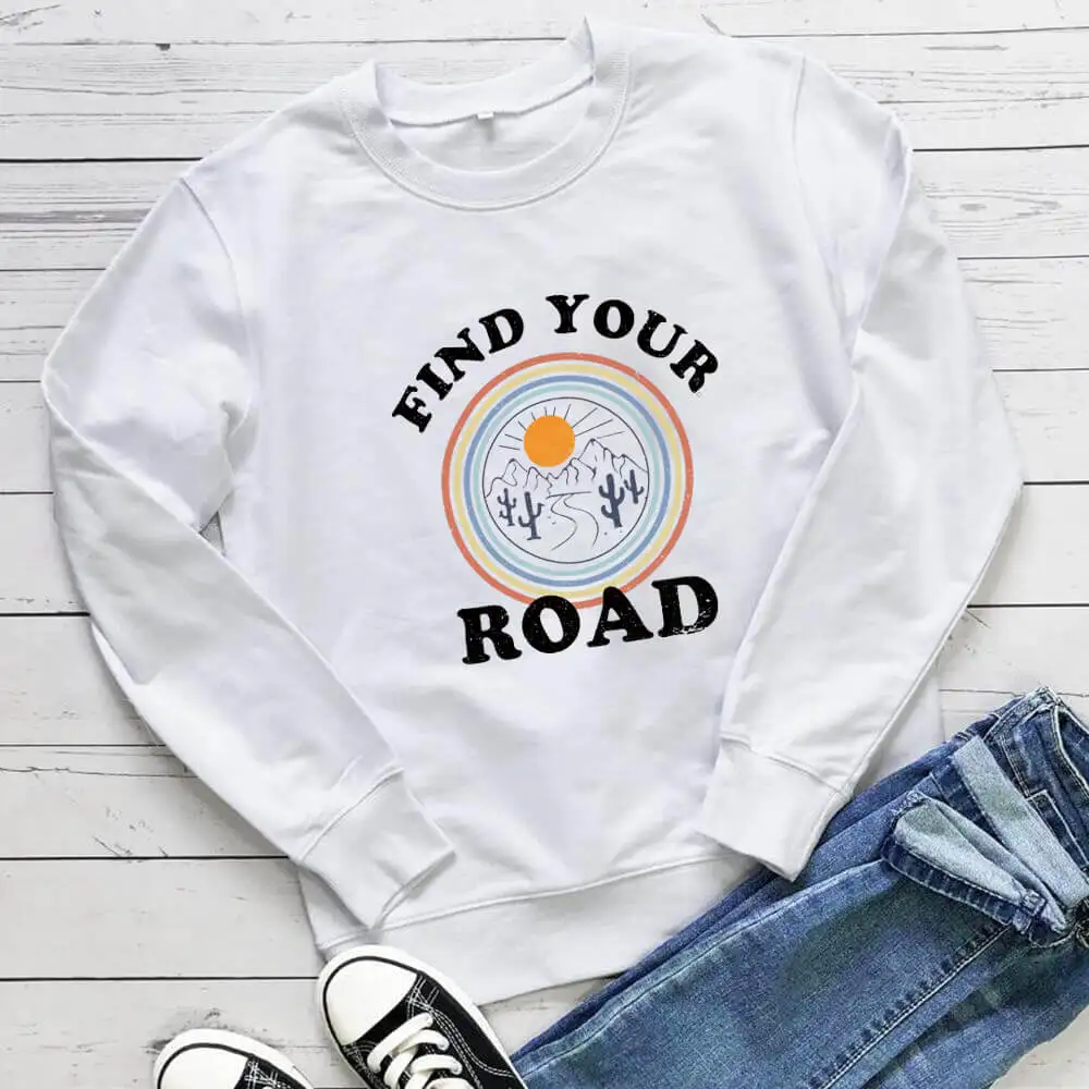 Find Your Road  Mountain Sunrise Print 100%Cotton Women Sweatshirt Ourdoor Hiking Spring Autumn O-Neck Pullovers Long Sleeve Top