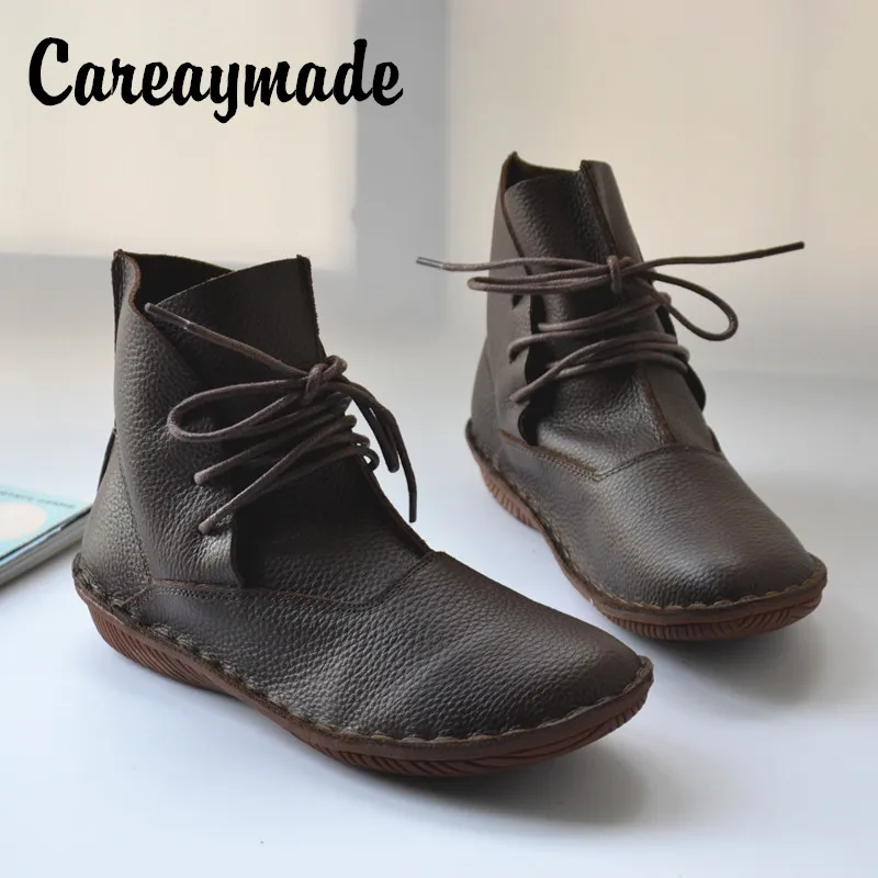 Careaymade-New winter,Women handmade head layer cowhide boots ,The retro art flat heel Mori girl short boots,4colors