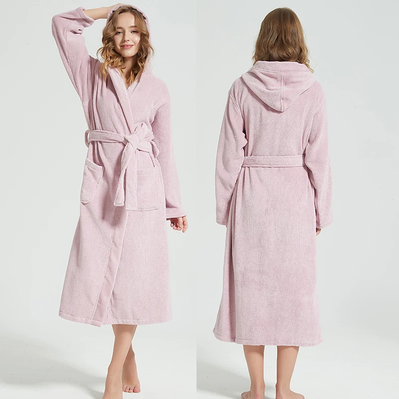 Cotton Terry Fleece Bathrobe Hoodies Women Robe for Women's Long Robes Plus Size XL Hotel Robes Thicken Long Lounge Nightgown