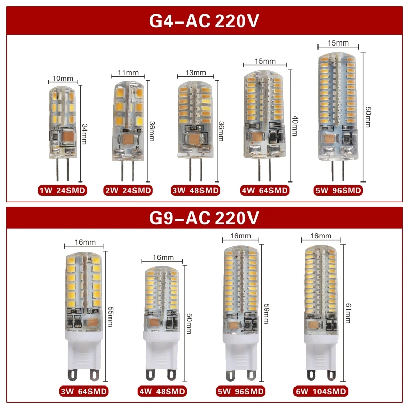 4pcs/lot LED G4 G9 12V 220V AC DC 1w 2w 3w 4w 5w 6w Replace 40w 60w Halogen Lamp Light 360 Beam Angle Chandelier LED Bulb Lamp