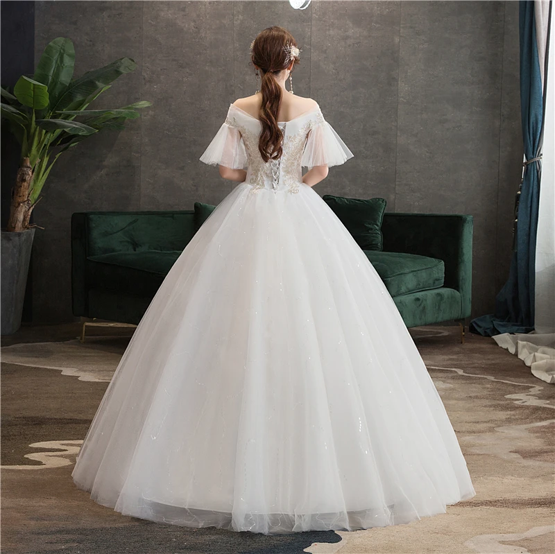 Cheap Lace Flare Sleeve Wedding Dress 2022 Fashion Simple Elegant Gowns Bride  V neck Off Shoulder Vestido De Noiva GZ76