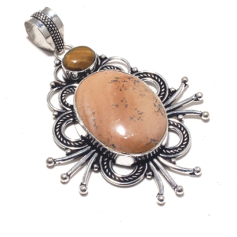 

Genuine Picture Jasper + Tiger Eye Pendant Silver Overlay over Copper, Hand made Women Jewelry gift , P8736