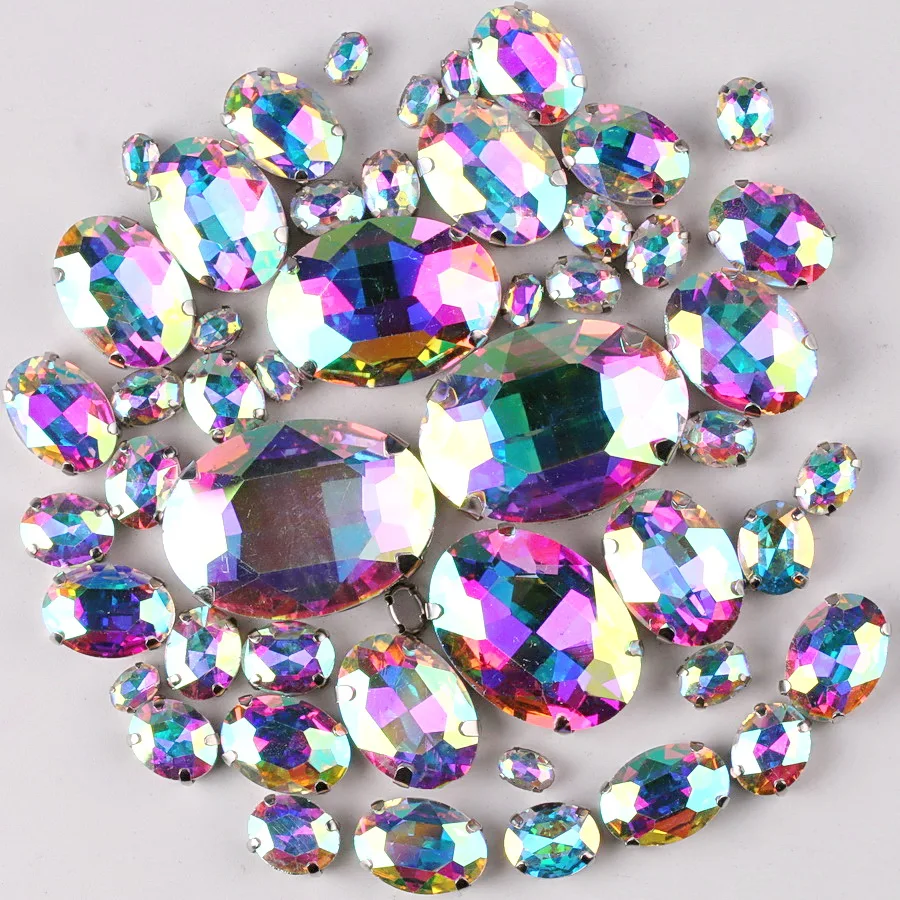 Silberne Krallenfassung, ovale Form, 7 Größen, Mix, 50 Stück/Beutel, Glaskristall, zum Aufnähen, Strassperlen, für Hochzeitskleider, Schuhe, Taschen, DIY-Verzierung – Detail 4