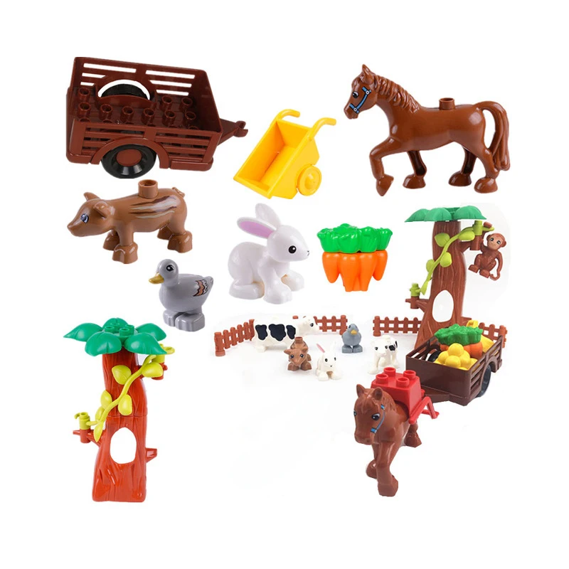 Big Size Building Blocks Farm Work Scene Horse Cow Rabbit Animals Accessories Bricks Compatible With Cart Trailer Toys For Kids