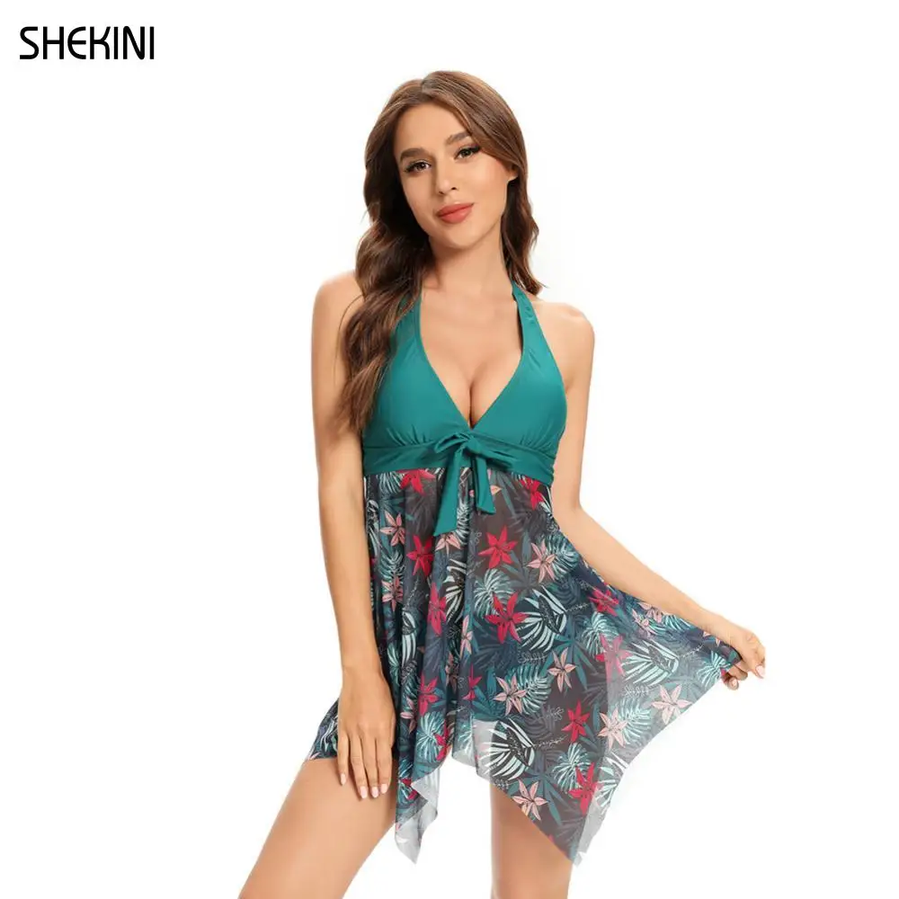 

SHEKINI Women's Sexy V Neck Two Piece Skirt Swimsuit Bow-Knot Halter Print Mesh Fabric Tankini Set Bathing Suits Beach Swimwear