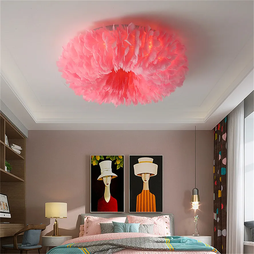 Nordic colorful feather ceiling lamp living room bedroom romantic home deco children princess house indoor led lighting fixtures