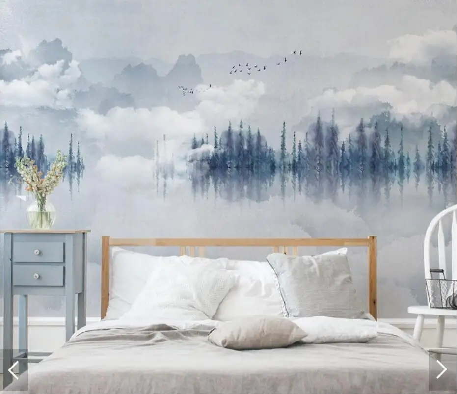 Nordic Mountain Misty Tree Wallpaper 3D Wall Mural Bedroom Art Wall Decals Wall Paper Rolls 3d Print  Waterproof Canvas