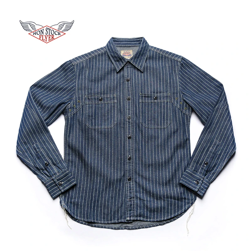 Non Stock Wabash Stripe Work Shirt Vintage Denim Vent Hole WorkShirts For Men