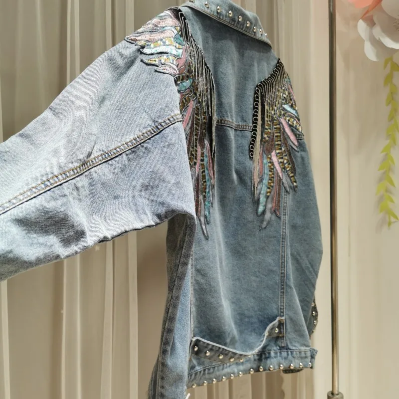 Niet Flügel Punk Mäntel Frauen Beiläufige Gestickte Denim Jacke 2021 Sprint Kurze Denim Mantel Jacken für Frauen Langarm