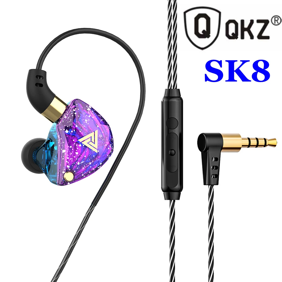 QKZ SK8 3.5mm Wired Headphones with Microphone Dual Drive Bass Earphone HiFi Stereo Musician Monitor Earbuds Headset Gamer fone