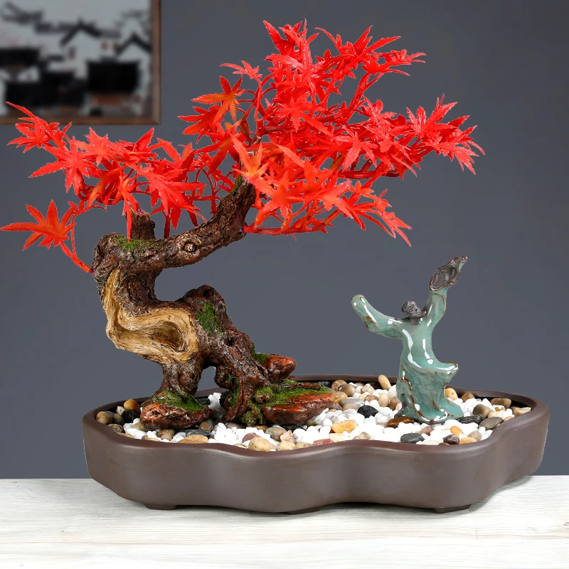 Simulation plant ceramic potted red maple bonsai home indoor office handicraft ornament false flower decoration