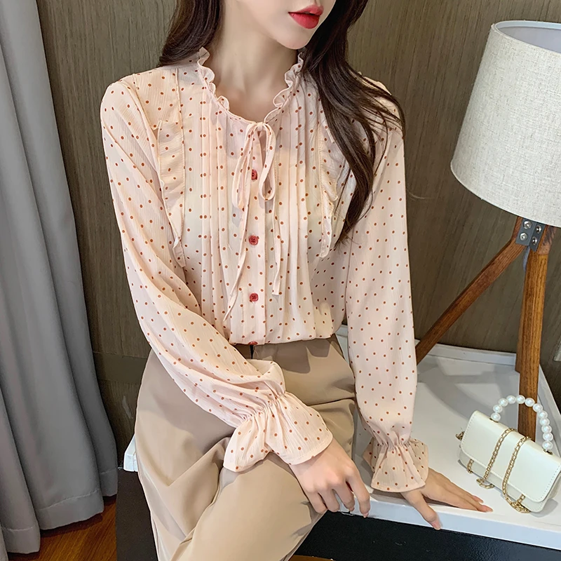 

Women Blouse 2021 Spring French Bow Tie Stand-up Collar Long-sleeved Polka Dot Splicing Top Thin Chiffon Shirt Flared Sleeves