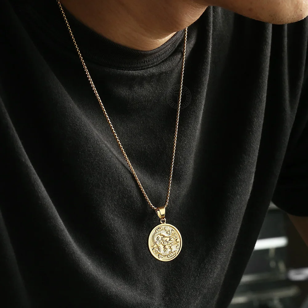 Gold Color Round Dragon Pendant Necklace for Men Boys Box Chain Mascot Ornament Chinese Ethnic Dragon Pendant Necklace DGP427