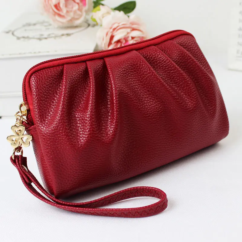 Clutches Women Solid Vintage Pleated PU Leather Simple Multi-function Zipper Ladies Handbags Korean Stylish Fashion Coin Purses