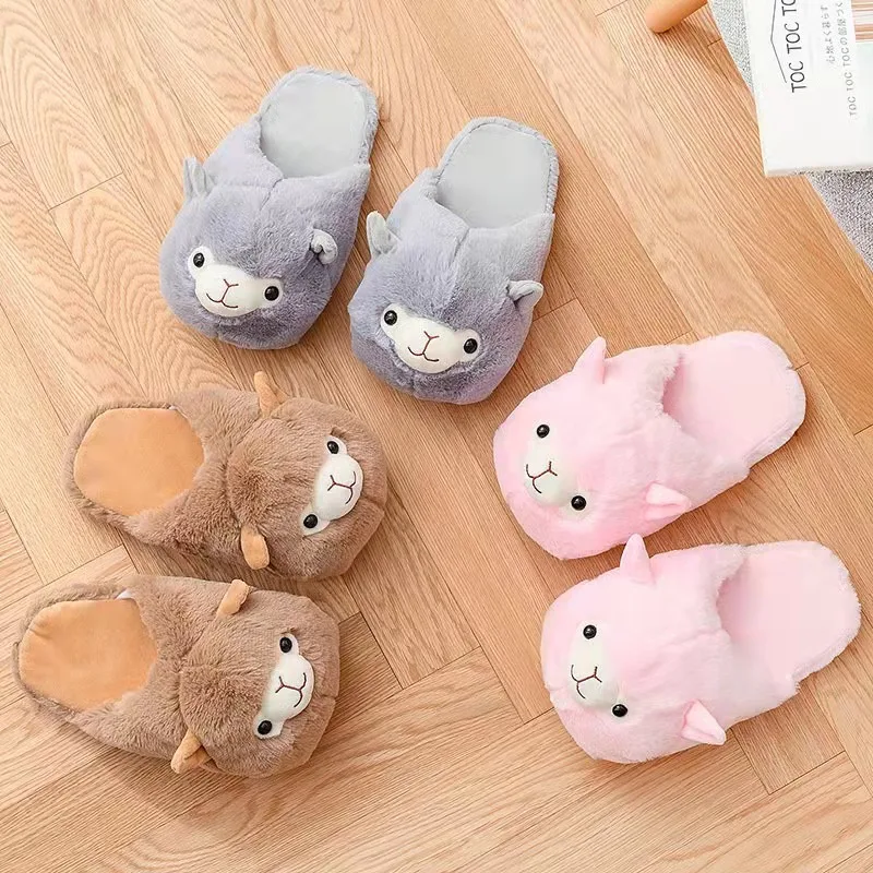 Autumn And Winter New Unicorn Slippers Cartoon Cute Thickened Cotton Slippers Warm Home Floor Slippers Pink Pig Fluffy Fur Slide