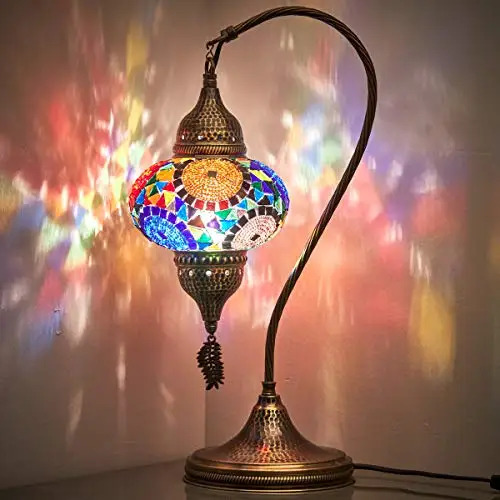 

English Moroccan Tiffany Style Handmade Colorful Mosaic Table Desk Bedside Night Swan Neck Lamp Light Lampshade, Multicolor, 19"