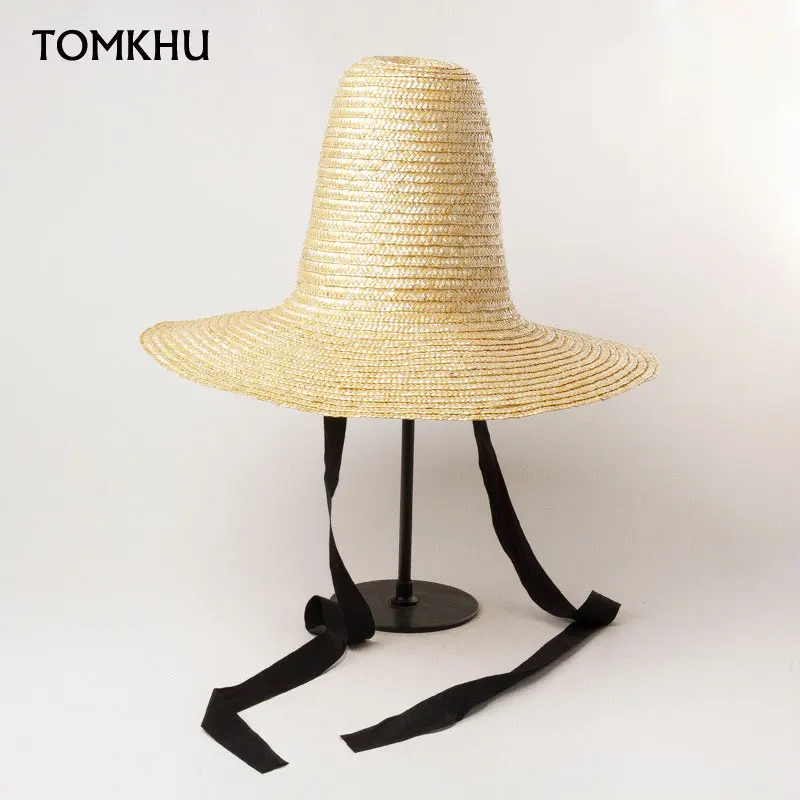 New Elegant Women Straw Hat Vintage Pointed High Wide Brim Sun Hat Casual Natural Wheat Straw Fedoras Ladies Fashion Catwalk Hat