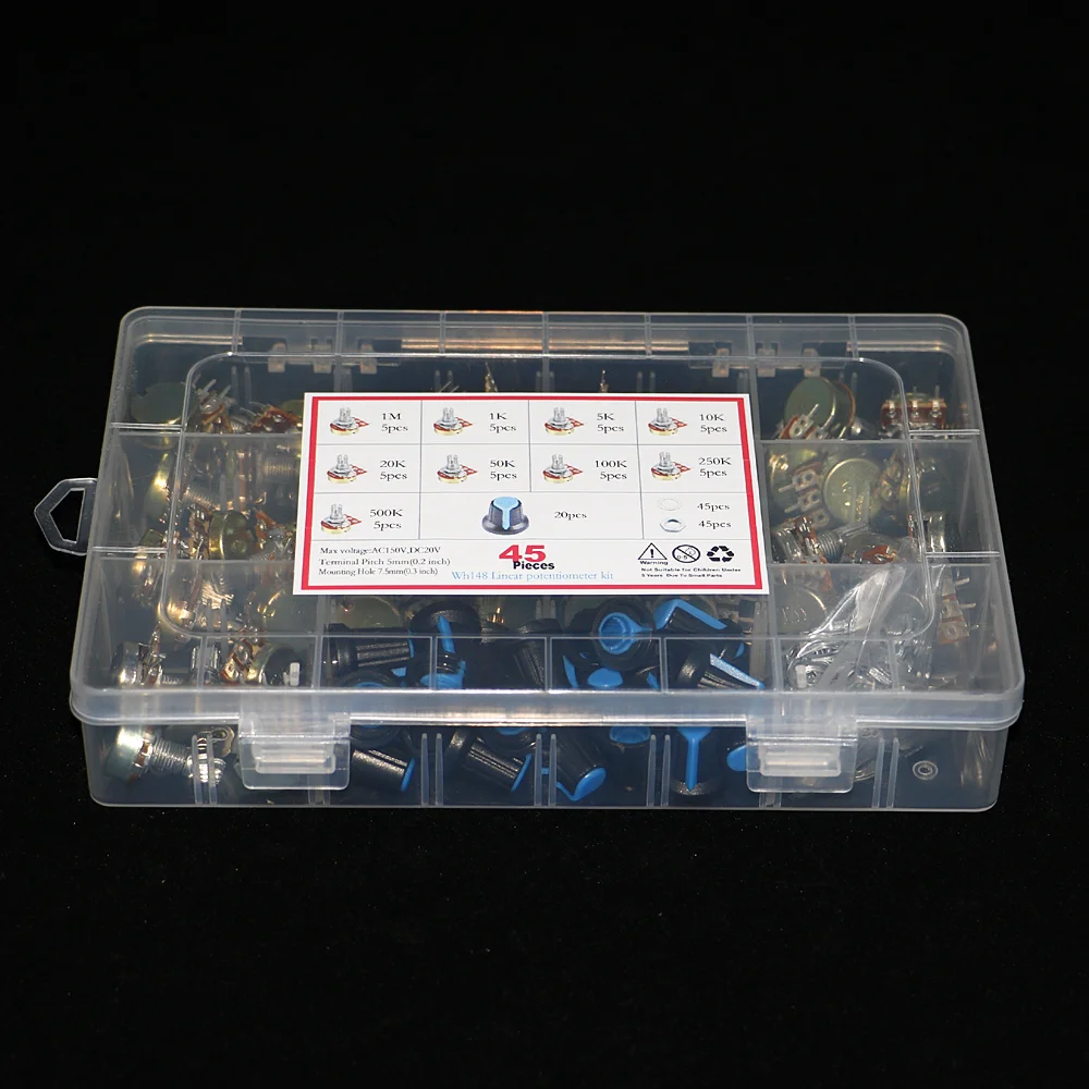 45Pcs/box WH148 Single Potentiometer Kit B1K/5K/10K/20K/50K/100K/500K/1M with knobs Single potentiometer set Shaft Nuts