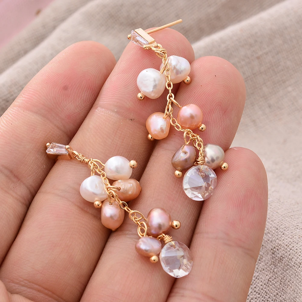 Original Handmade 14K Gold Filled Natural Freshwater Pearl Shine Crystal Grape Ladies Tassel Stud Earrings Hot Sell Jewelry