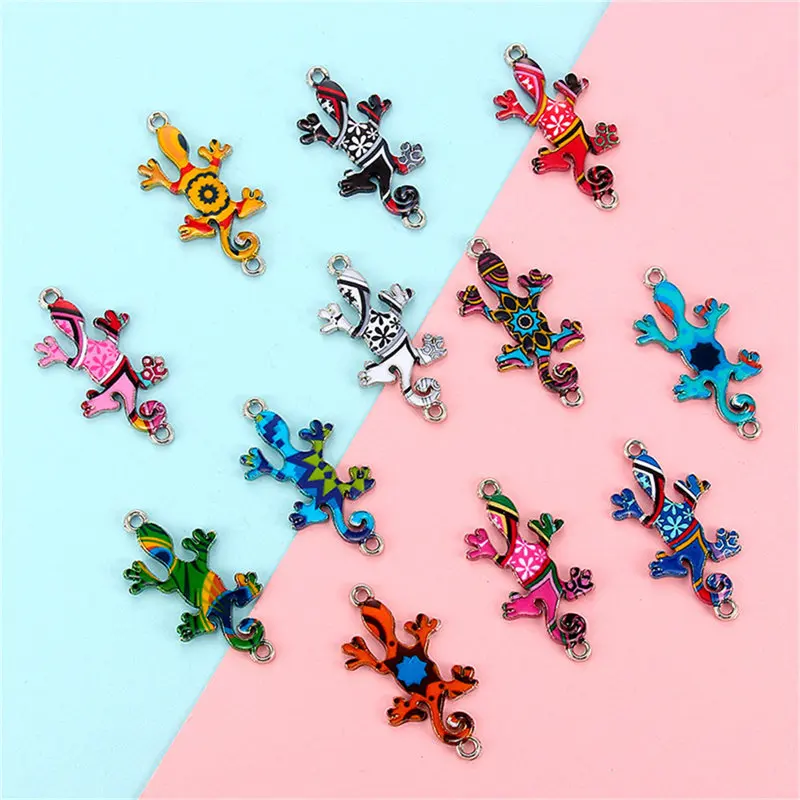 Julie Wang 10PCS Enamel Gecko Charms Random Color Pattern Alloy Lizard Animal Pendants Bracelet Jewelry Making Accessory