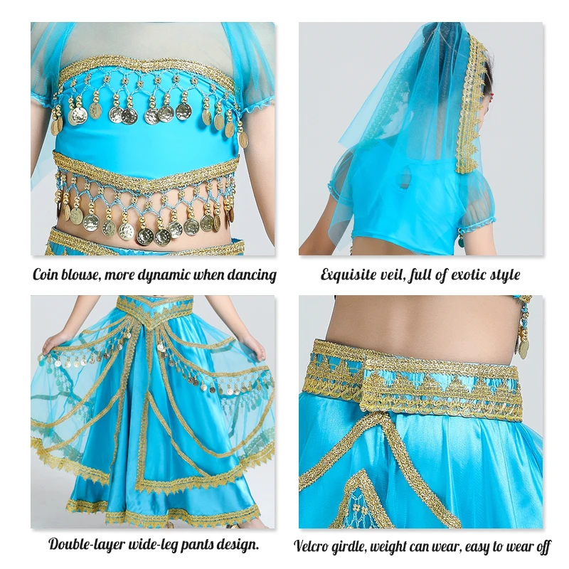 New Children Bollywood Dance Costume Set Belly Dance Indian Sari Girls Top Headwear Veil Belt Skirt Coin Stage Performance