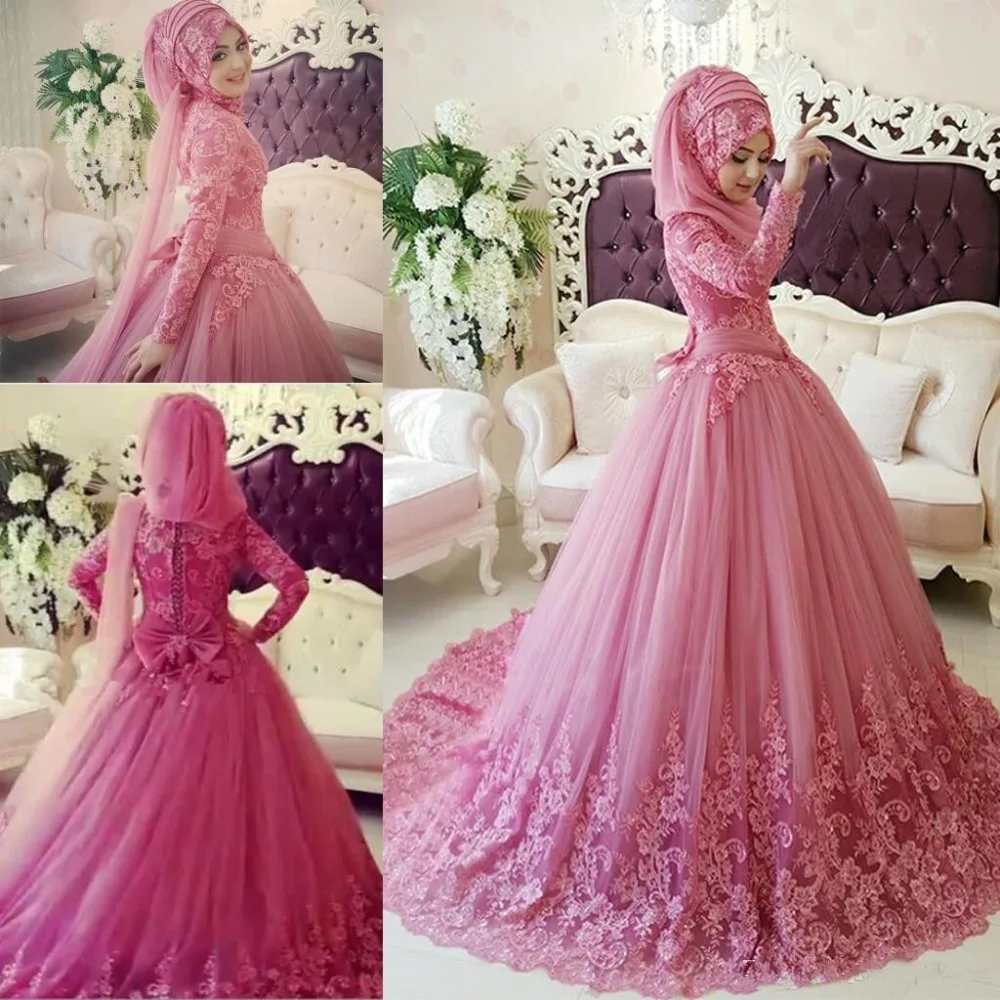 Vestidos de novia musulmanes de manga larga, cuello alto, de encaje, estilo islámico Vintage Dubái, con Hijab, 2019