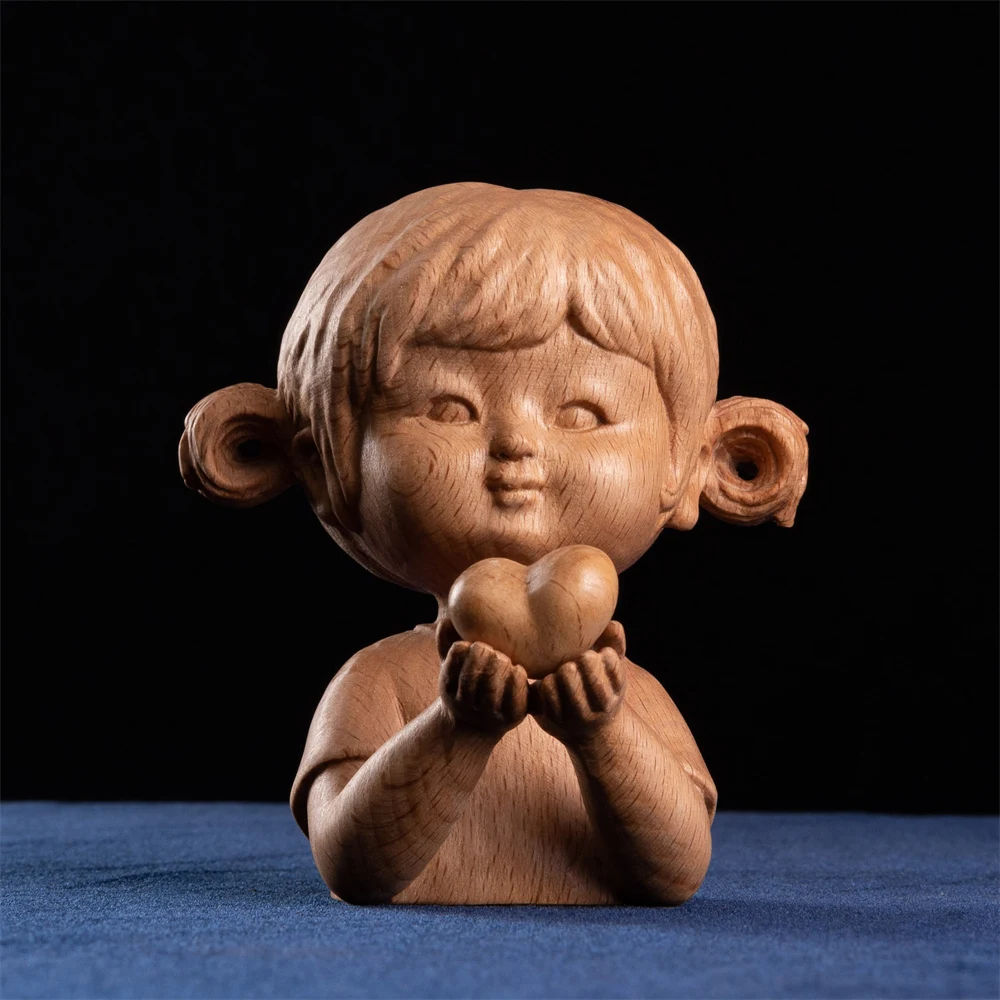 Charming Love Peace Girl Solid Wood Statue, Miniature Craft, Exemplifying Love and Harmony, Whimsical Cartoon Design