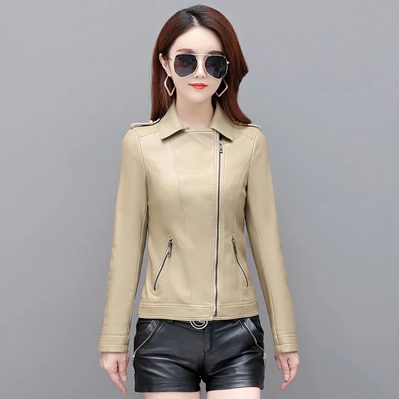 New Spring Women Faux Leather Jacket Biker Short Coat Turndown Collar PU Motorcycle Jackets Streetwear Outerwear Black fashion