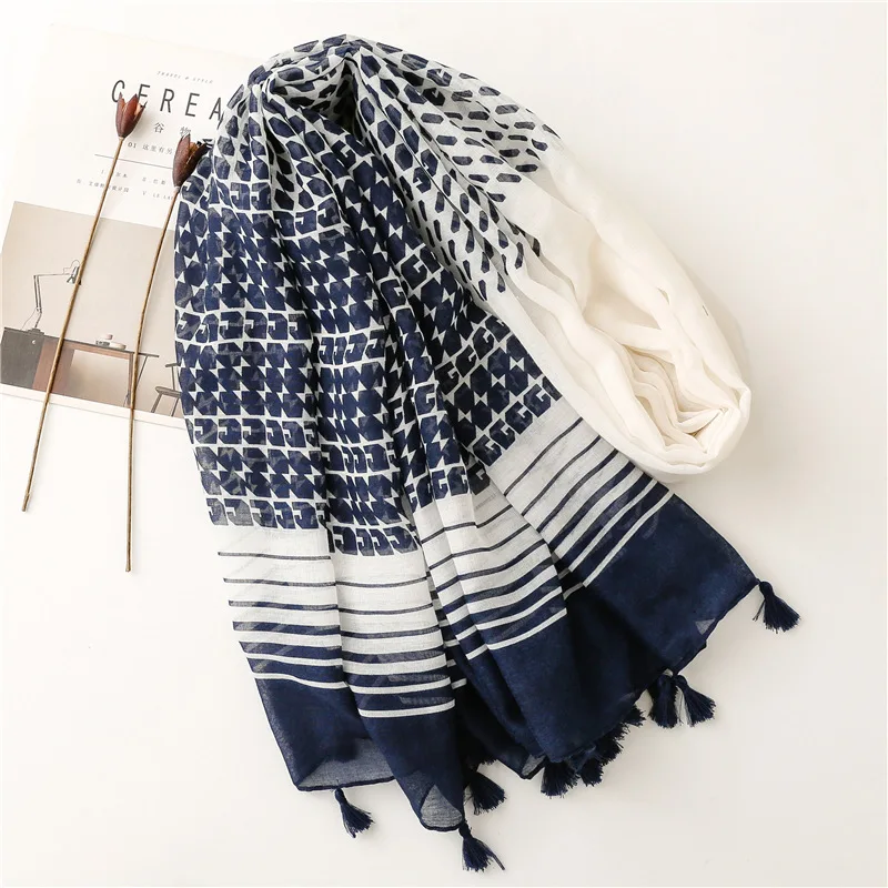 2022 Spring Autumn Fashion Luxury Brand Navy Blue Dot Viscose Shawl Scarf Women High Quality Print Hijabs and Wraps Muslim Sjaal