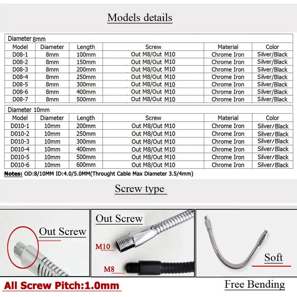 2pc Dia8/10mm LED Gooseneck 10-50CM Desk Lamp Flexible holder M8+M10 Silver/Black Universal Hose Soft Pipe Metal Serpentine Tube