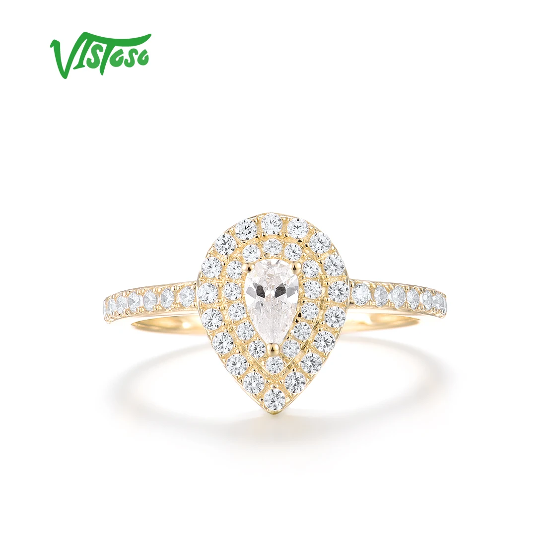 VISTOSO Gold Rings For Women 9K 375 Yellow Gold Ring Sparkling Pear White Cubic Zirconia Ring Gorgeous Wedding Fine Jewelry