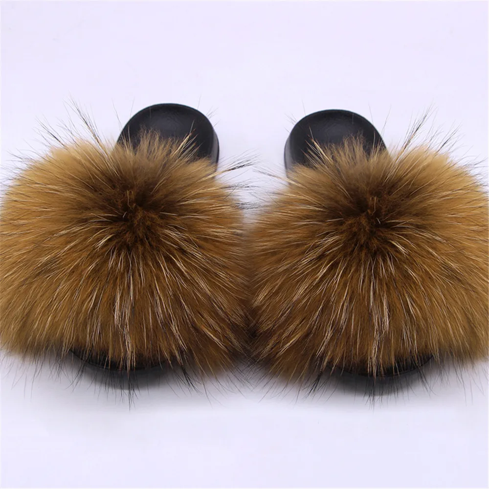 Monochrome Real Pure Natural Raccoon Fur Slippers Summer Indoor Non-Slip Fashion Soft Bottom Fur Fluffy Raccoon Slippers