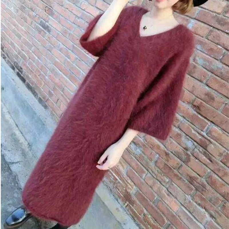 Long hair mink velvet V-Neck Sweater super long dress slim fitting and slim Pullover coat with 7 / 4 sleeves mink fur as base