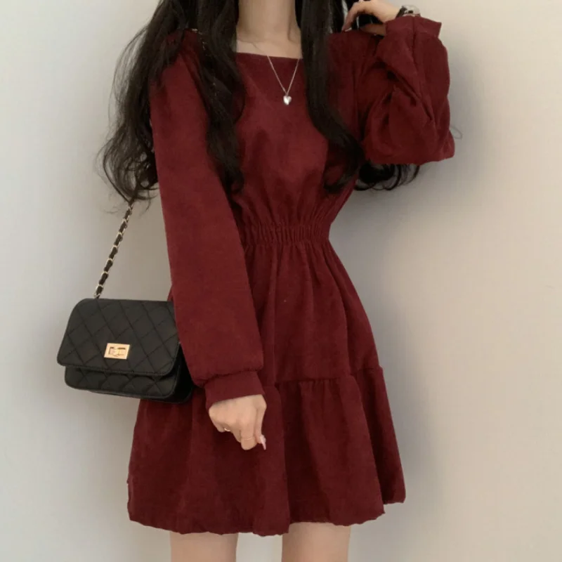 Gothic Black Puff Sleeve Loose Women's Dress Long Sleeve Shrink Waist Chic Linen Mini Dress Casual  Elegant Dresses for Women