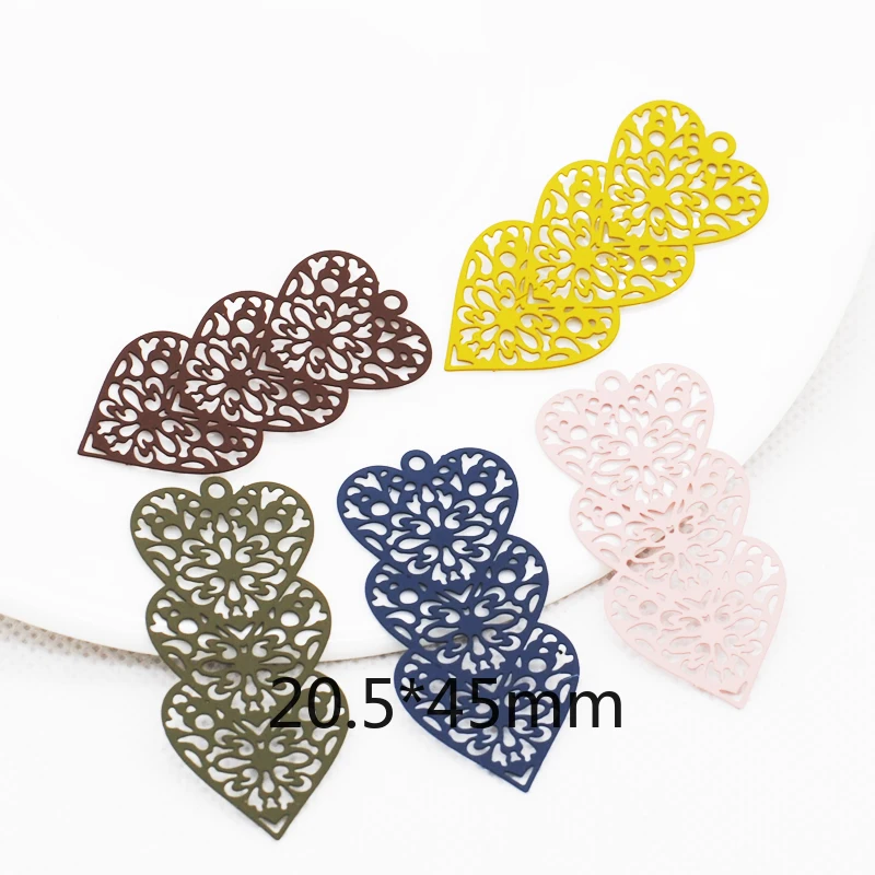 10pcs/Lot 20.5*45mm Colorful Heart Love Charms Alloy Thickness 0.3mm Hollow Out Filigree Stamping Pendant For Jewelry Making