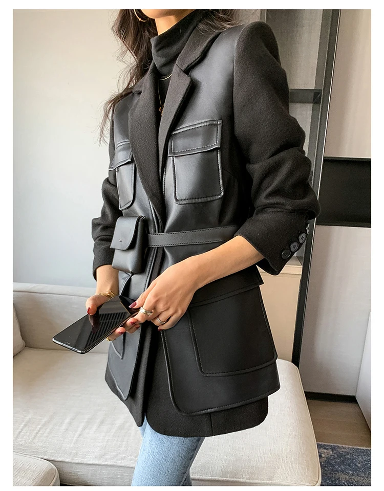 Nerazzurri Autumn Black Wool Blends Patchwork Leather Jacket Women with Many Pockets Long Sleeve Korean Fashion Streetwear 2022
